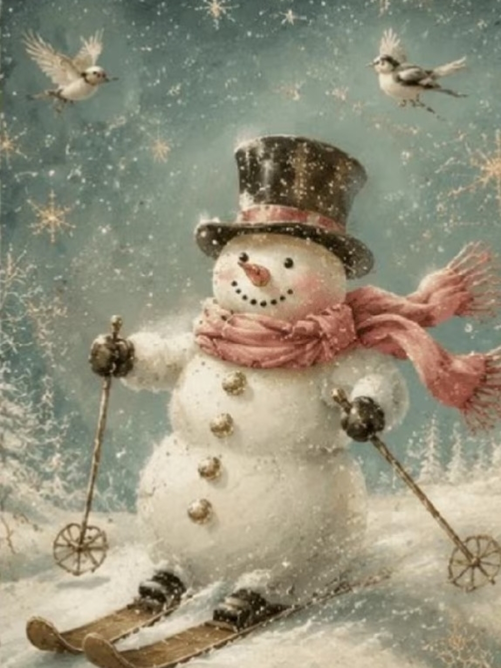Vintage Snowman Holiday Wall Art Print - Pink Scarf, Teal Background 8x10 Print